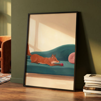 Fox at Rest, green, beige, brown nature wall art displayed in a styled interior, gallery view 6