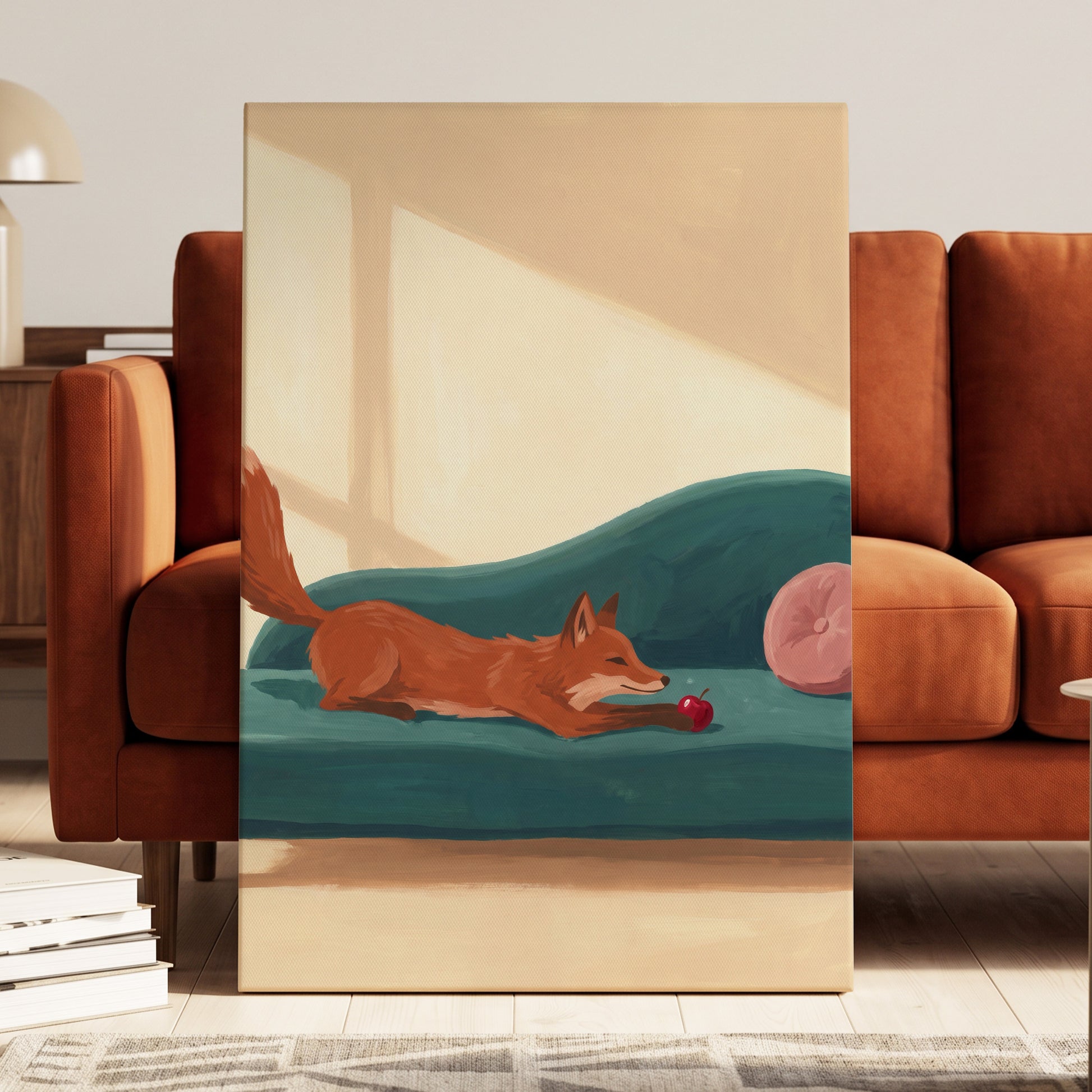 Fox at Rest, green, beige, brown nature wall art displayed in a styled interior, gallery view 7