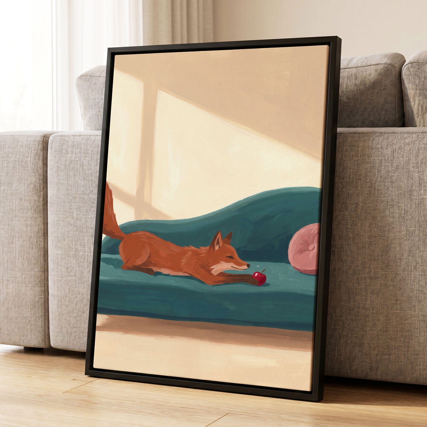 Fox at Rest, green, beige, brown nature wall art displayed in a styled interior, gallery view 8