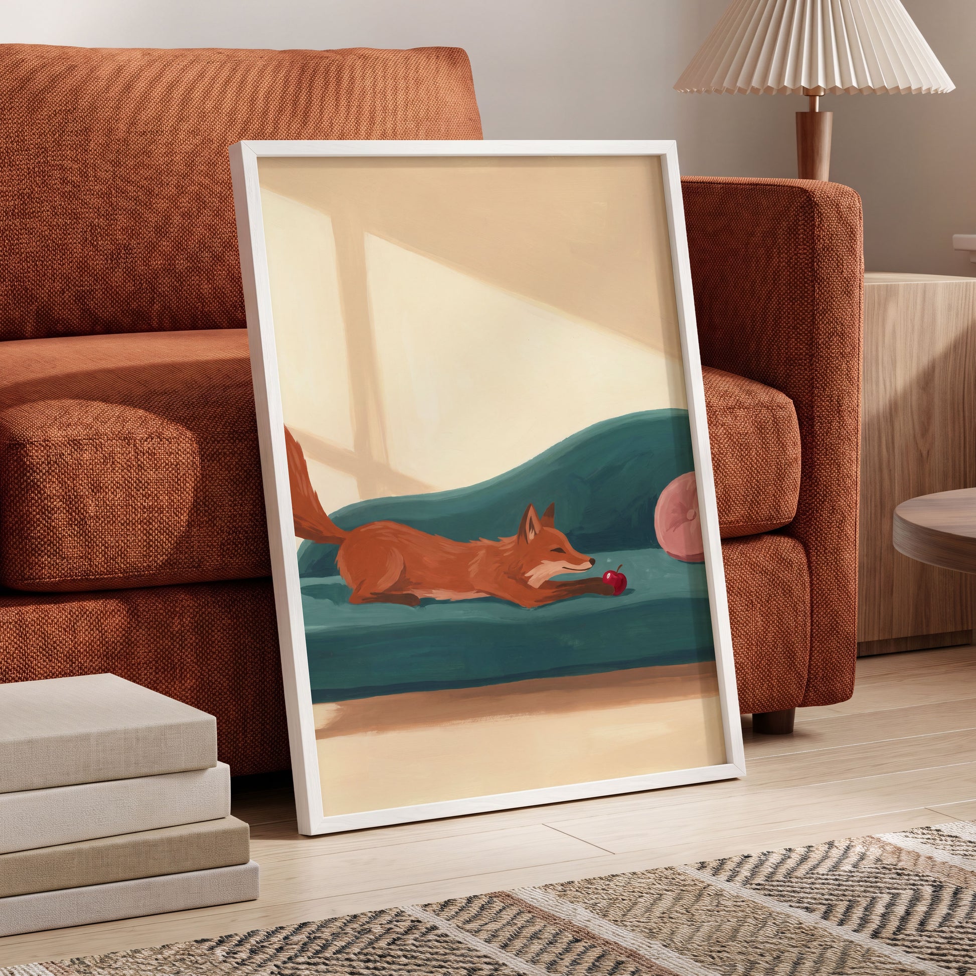 Fox at Rest, green, beige, brown nature wall art displayed in a styled interior, gallery view 9