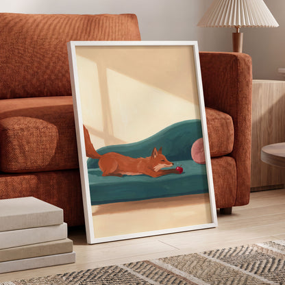 Fox at Rest, green, beige, brown nature wall art displayed in a styled interior, gallery view 9