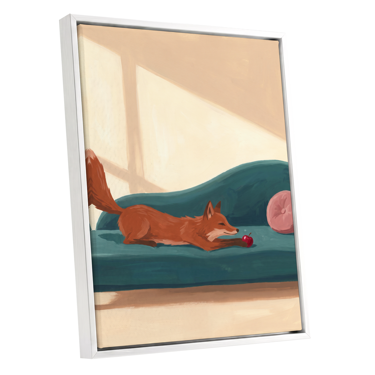Fox at Rest, green, beige, brown nature wall art shown as a white framed canvas wall art