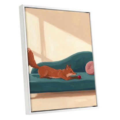 Fox at Rest, green, beige, brown nature wall art shown as a white framed canvas wall art