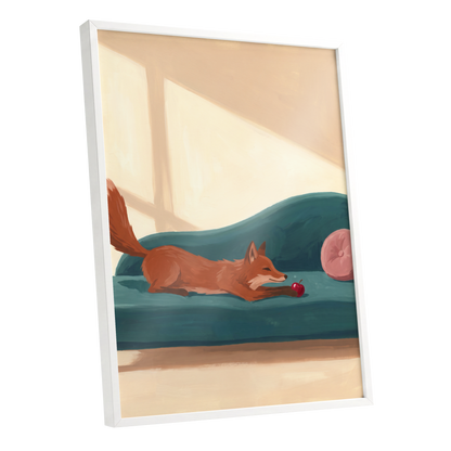 Fox at Rest, green, beige, brown nature wall art shown as a white framed poster wall art print