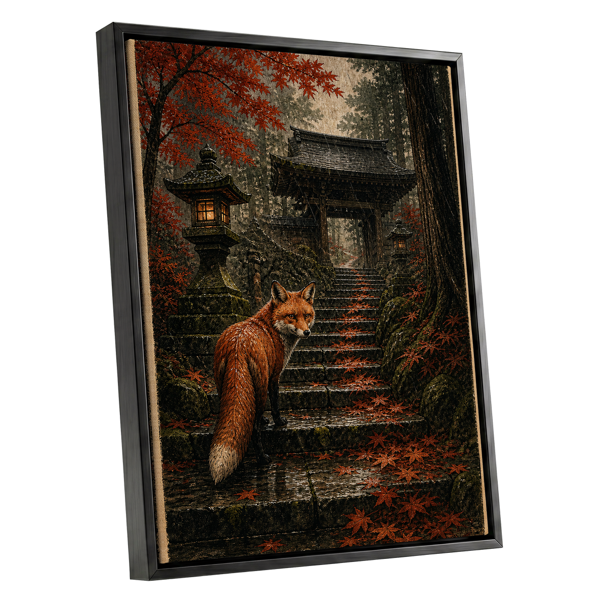 Fox at the Autumn Gate, black, orange, brown nature wall art shown as a black framed canvas wall art