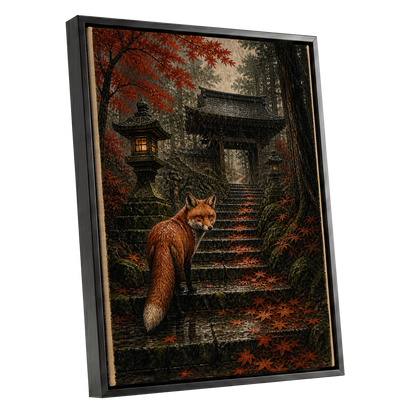 Fox at the Autumn Gate, black, orange, brown nature wall art shown as a black framed canvas wall art