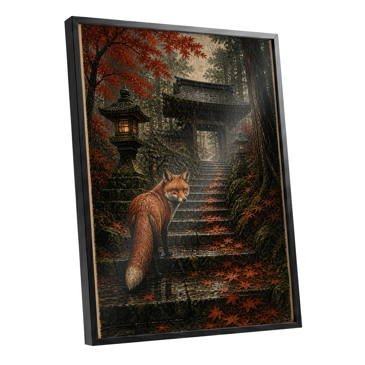 Fox at the Autumn Gate, black, orange, brown nature wall art shown as a black framed poster wall art print