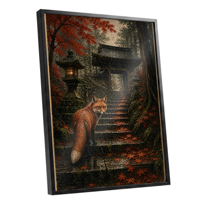 Fox at the Autumn Gate, black, orange, brown nature wall art shown as a black framed poster wall art print