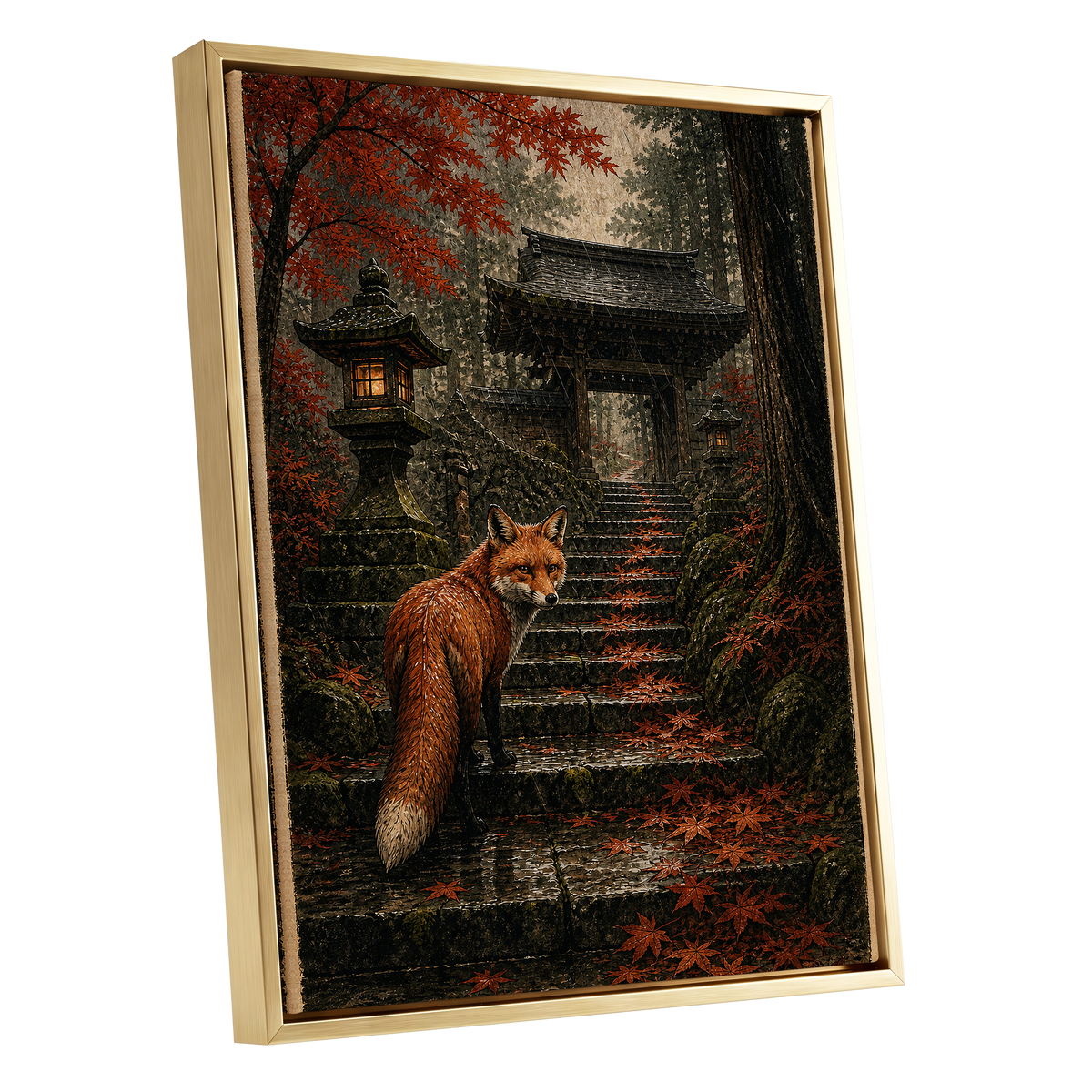 Fox at the Autumn Gate, black, orange, brown nature wall art shown as a gold framed canvas wall art