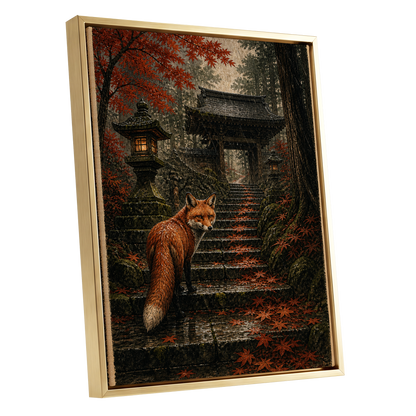 Fox at the Autumn Gate, black, orange, brown nature wall art shown as a gold framed canvas wall art