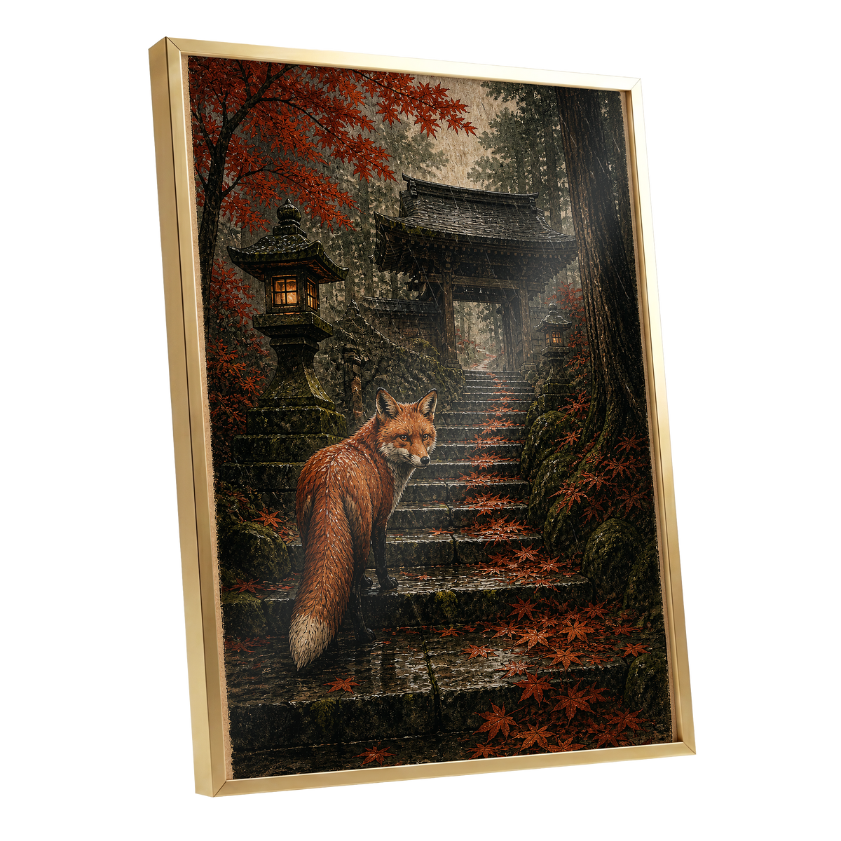 Fox at the Autumn Gate, black, orange, brown nature wall art shown as a gold framed poster wall art print