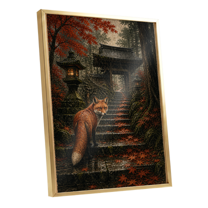 Fox at the Autumn Gate, black, orange, brown nature wall art shown as a gold framed poster wall art print