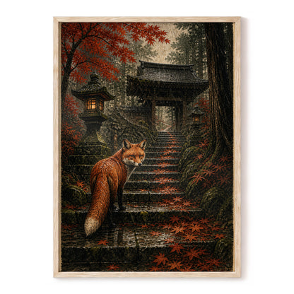 Fox at the Autumn Gate, black, orange, brown nature wall art, front artwork view