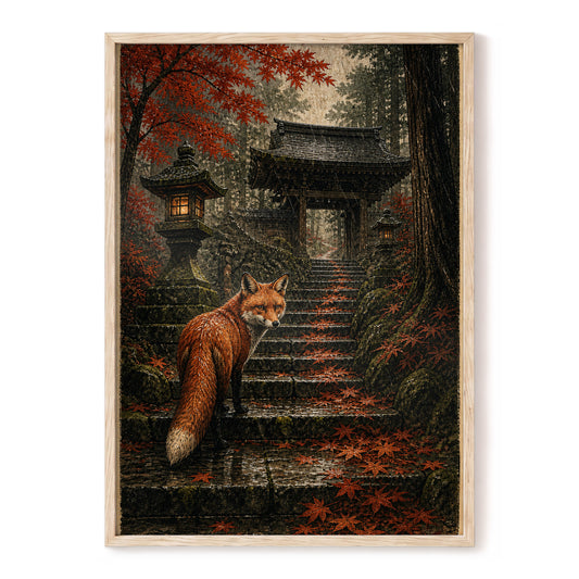 Fox at the Autumn Gate, black, orange, brown nature wall art, front artwork view