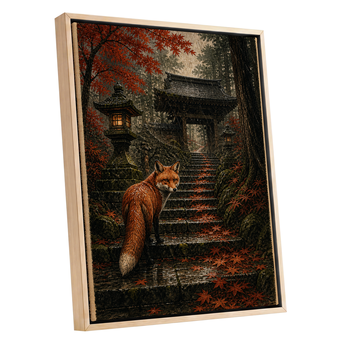Fox at the Autumn Gate, black, orange, brown nature wall art shown as a oak framed canvas wall art