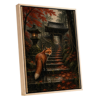 Fox at the Autumn Gate, black, orange, brown nature wall art shown as a oak framed canvas wall art