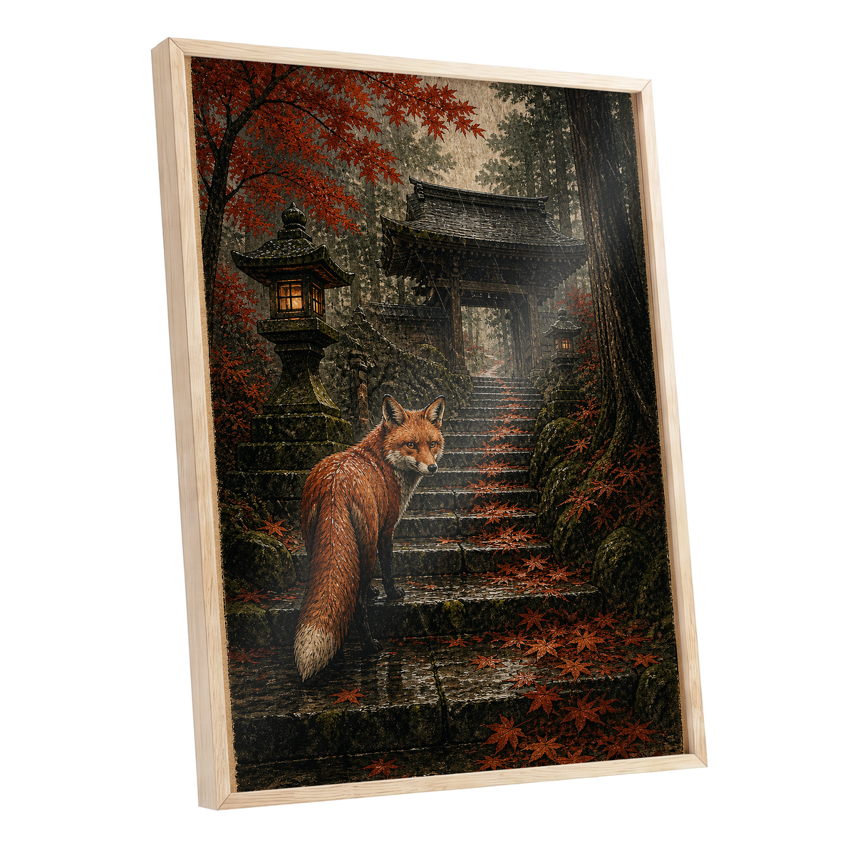 Fox at the Autumn Gate, black, orange, brown nature wall art shown as a oak framed poster wall art print