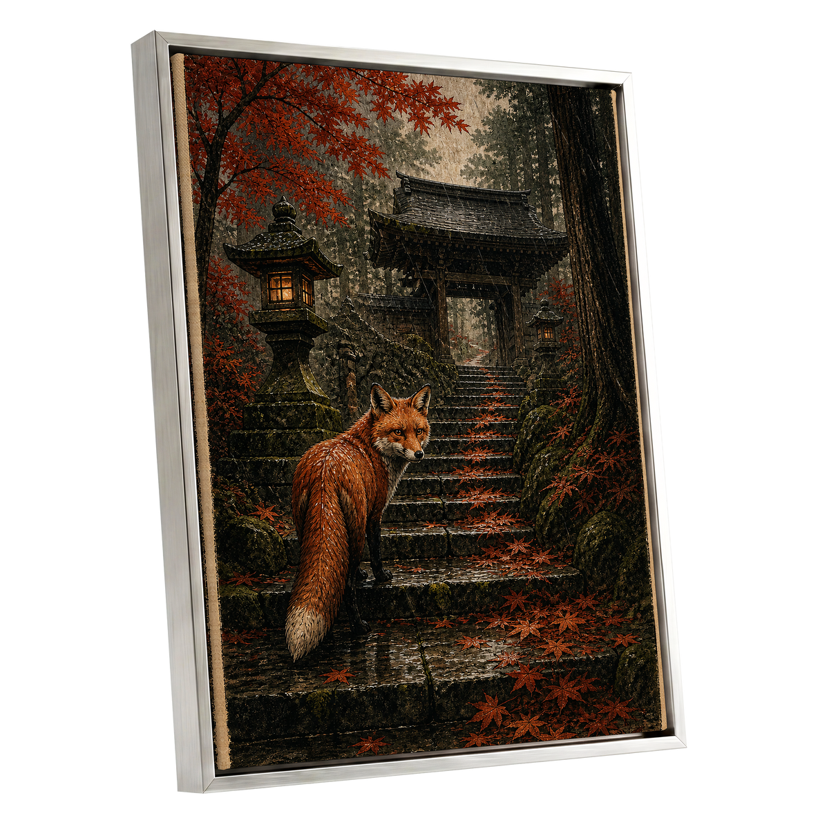 Fox at the Autumn Gate, black, orange, brown nature wall art shown as a silver framed canvas wall art