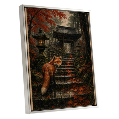 Fox at the Autumn Gate, black, orange, brown nature wall art shown as a silver framed canvas wall art