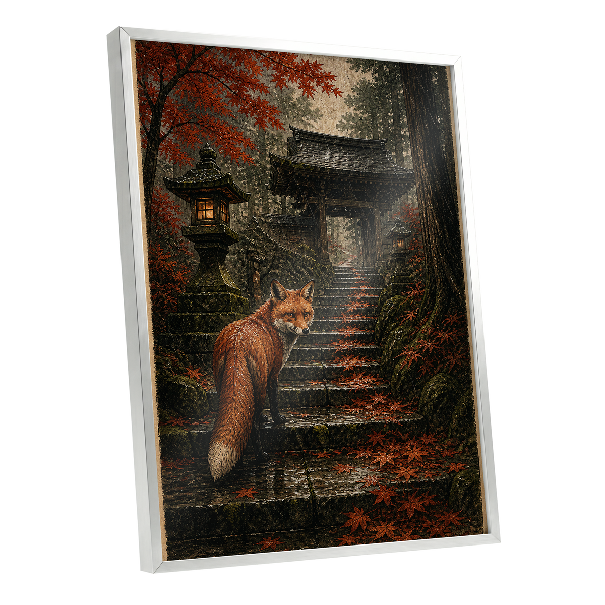 Fox at the Autumn Gate, black, orange, brown nature wall art shown as a silver framed poster wall art print