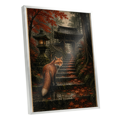 Fox at the Autumn Gate, black, orange, brown nature wall art shown as a silver framed poster wall art print