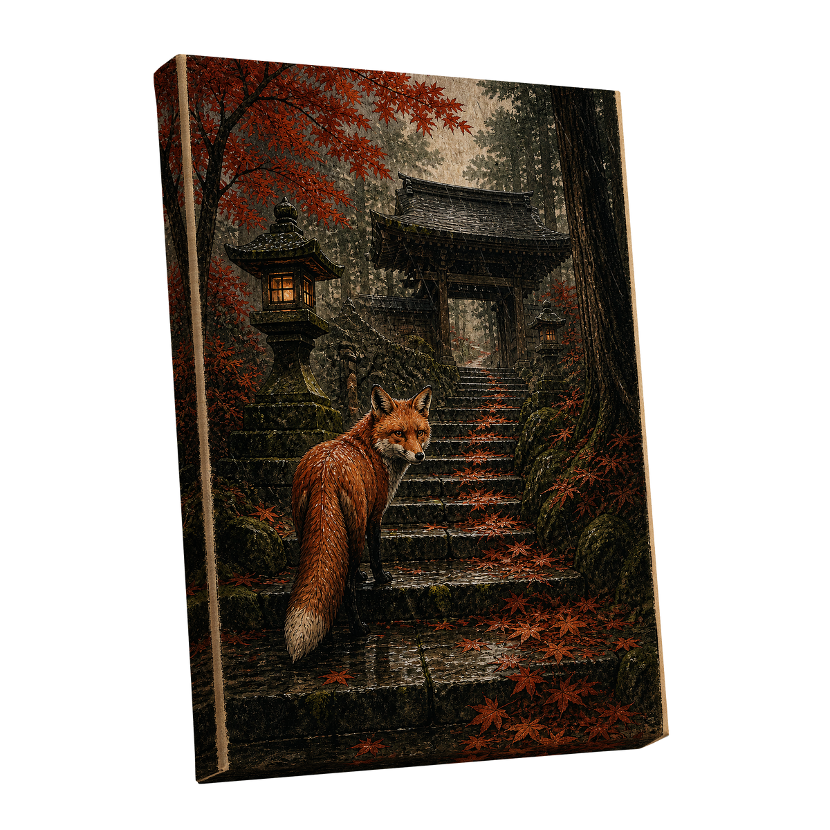 Fox at the Autumn Gate, black, orange, brown nature wall art shown as a stretched canvas wall art