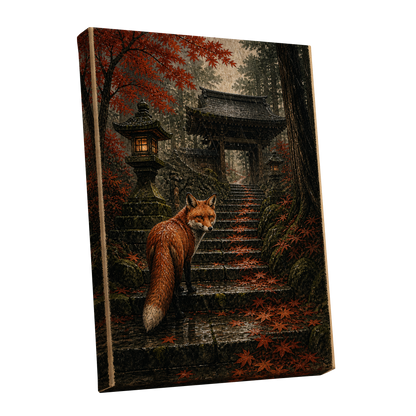 Fox at the Autumn Gate, black, orange, brown nature wall art shown as a stretched canvas wall art