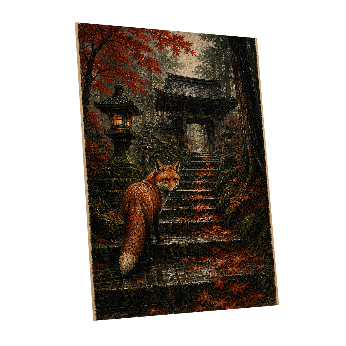 Fox at the Autumn Gate, black, orange, brown nature wall art shown as a unframed poster wall art print