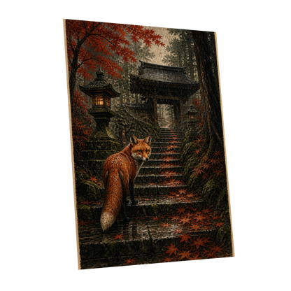 Fox at the Autumn Gate, black, orange, brown nature wall art shown as a unframed poster wall art print