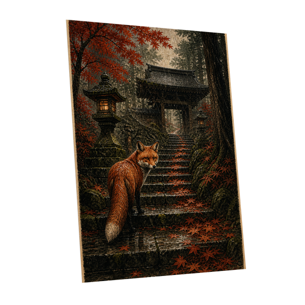 Fox at the Autumn Gate, black, orange, brown nature wall art shown as a unframed poster wall art print
