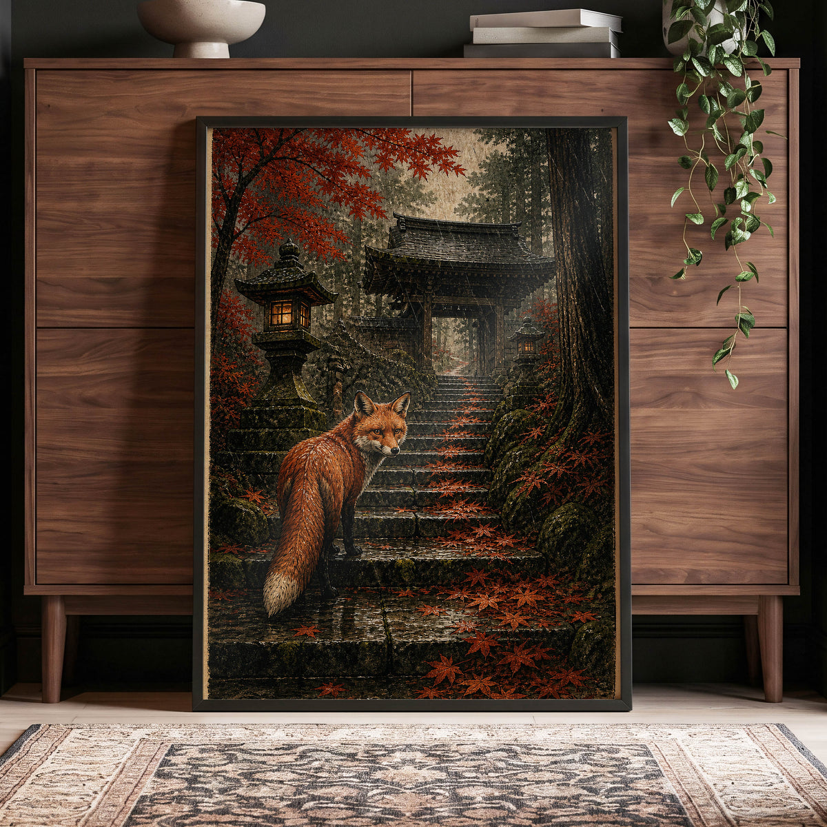 Fox at the Autumn Gate, black, orange, brown nature wall art displayed in a styled interior, gallery view 2