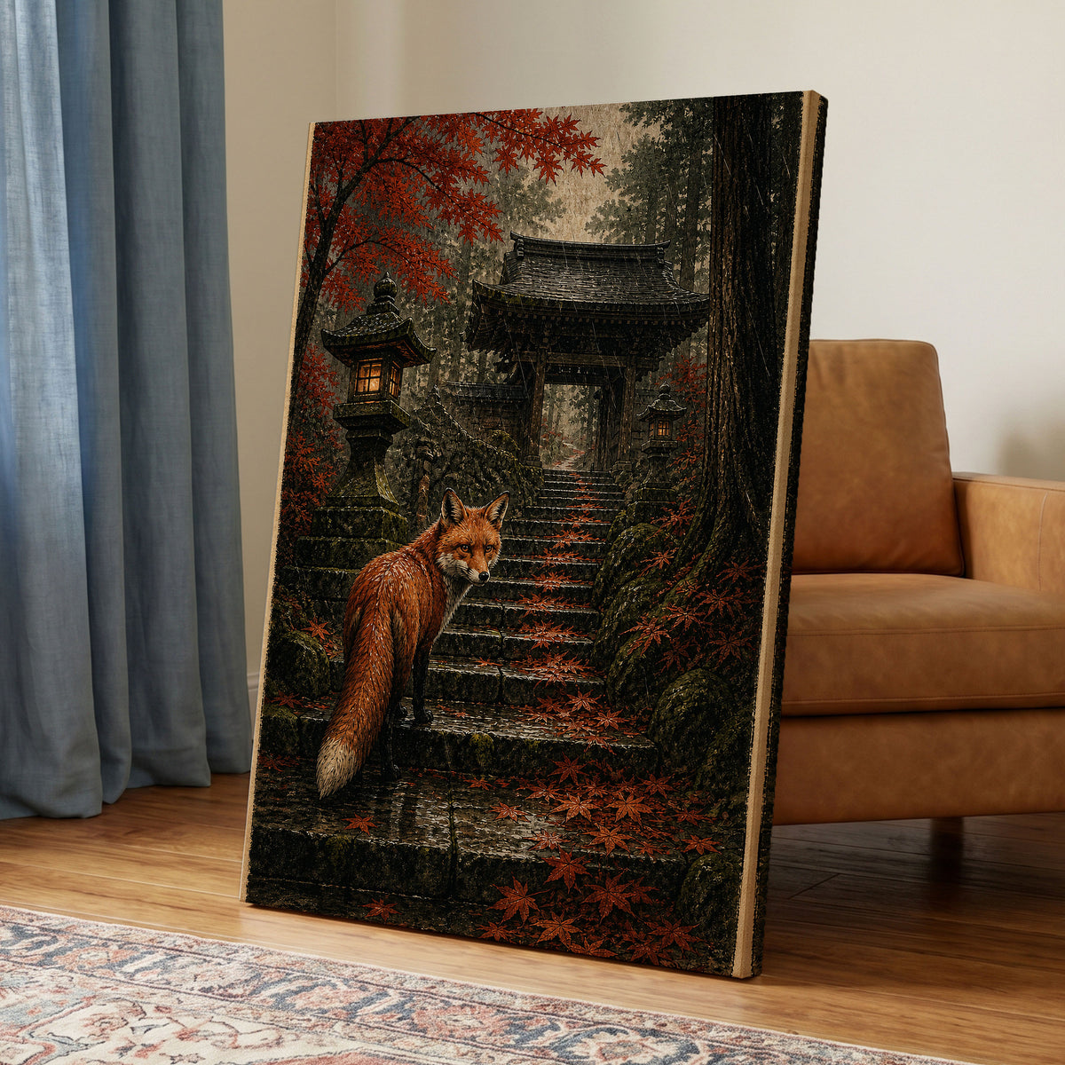 Fox at the Autumn Gate, black, orange, brown nature wall art displayed in a styled interior, gallery view 3