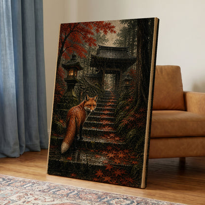 Fox at the Autumn Gate, black, orange, brown nature wall art displayed in a styled interior, gallery view 3
