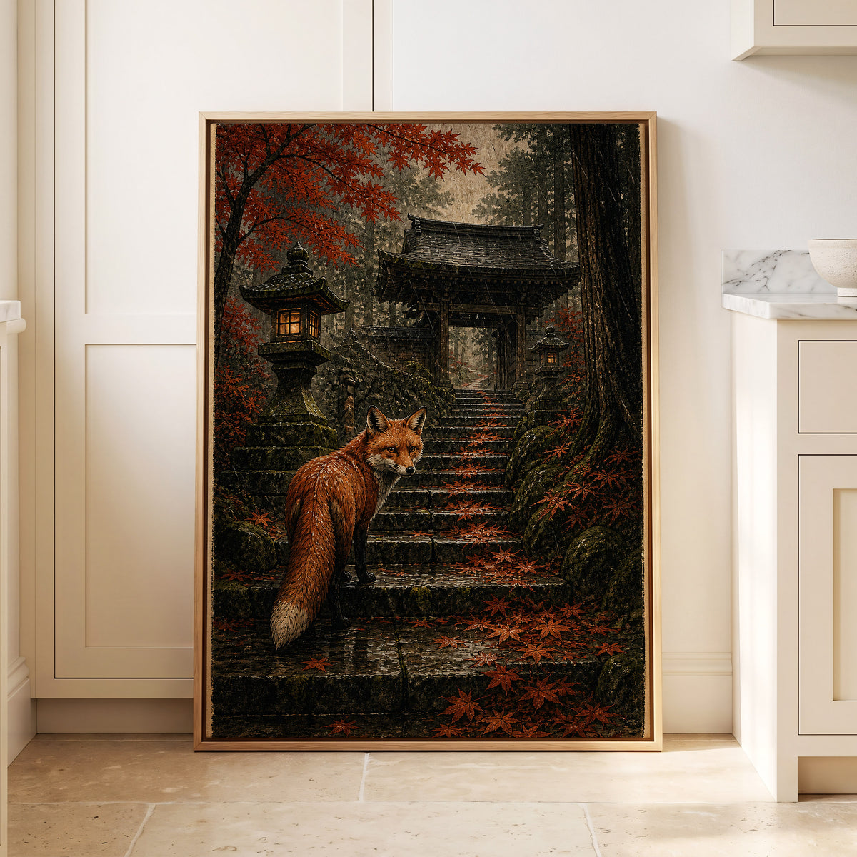 Fox at the Autumn Gate, black, orange, brown nature wall art displayed in a styled interior, gallery view 4