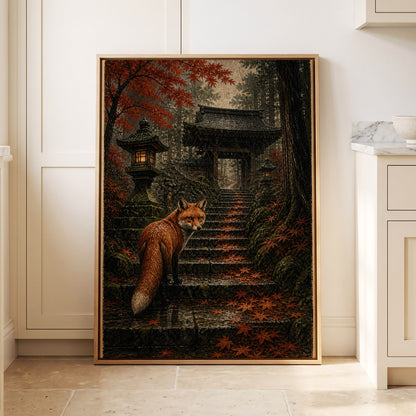 Fox at the Autumn Gate, black, orange, brown nature wall art displayed in a styled interior, gallery view 4