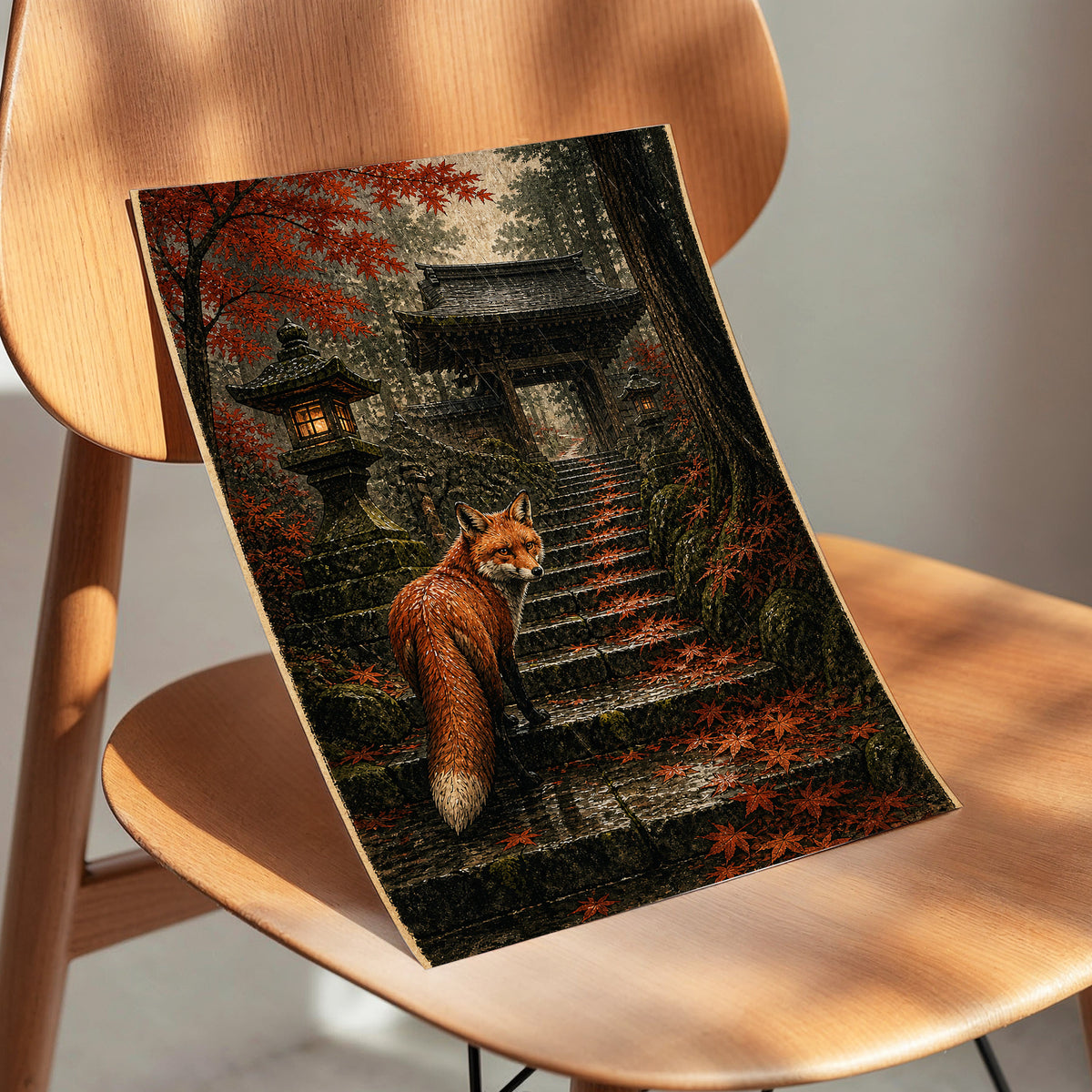 Fox at the Autumn Gate, black, orange, brown nature wall art displayed in a styled interior, gallery view 5