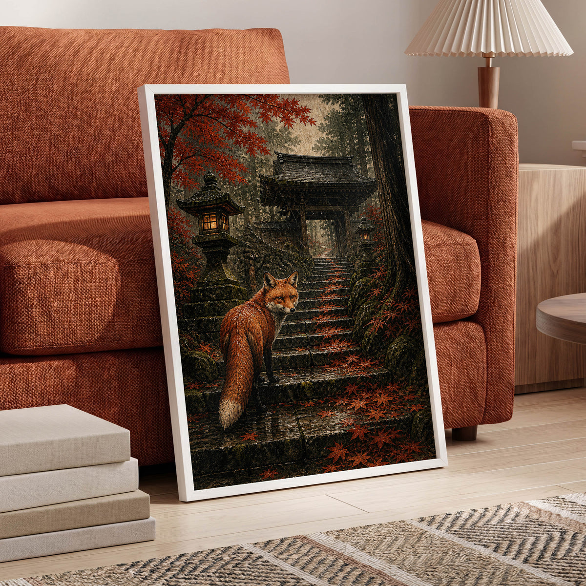 Fox at the Autumn Gate, black, orange, brown nature wall art displayed in a styled interior, gallery view 6