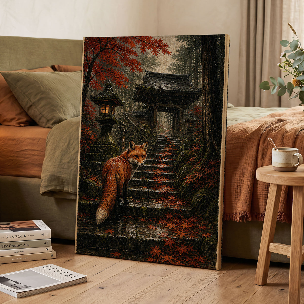 Fox at the Autumn Gate, black, orange, brown nature wall art displayed in a styled interior, gallery view 7