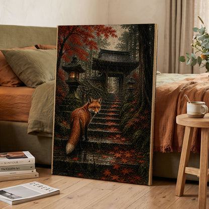 Fox at the Autumn Gate, black, orange, brown nature wall art displayed in a styled interior, gallery view 7