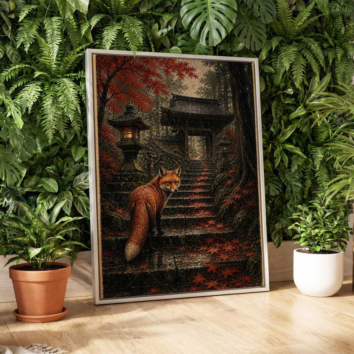 Fox at the Autumn Gate, black, orange, brown nature wall art displayed in a styled interior, gallery view 8