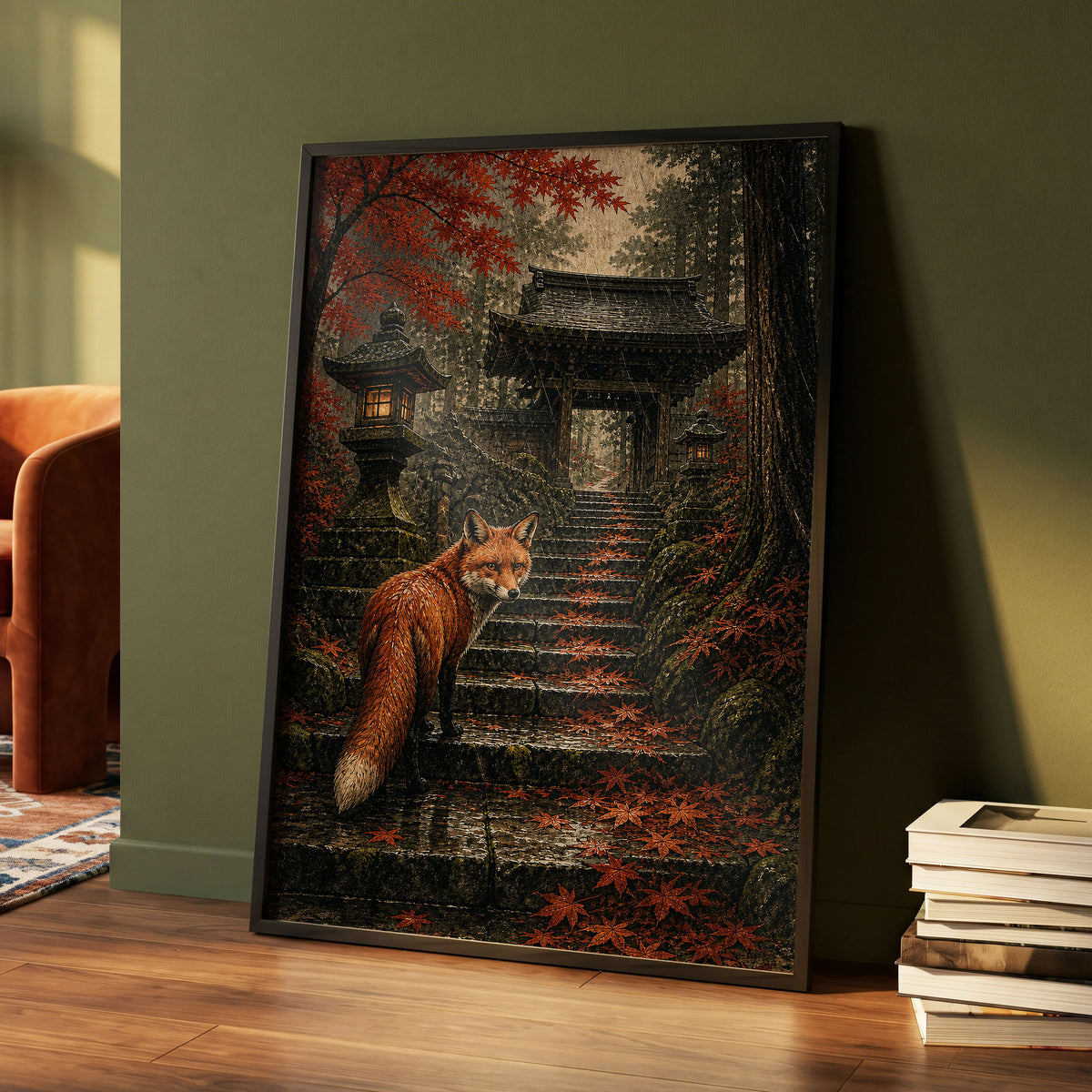 Fox at the Autumn Gate, black, orange, brown nature wall art displayed in a styled interior, gallery view 9