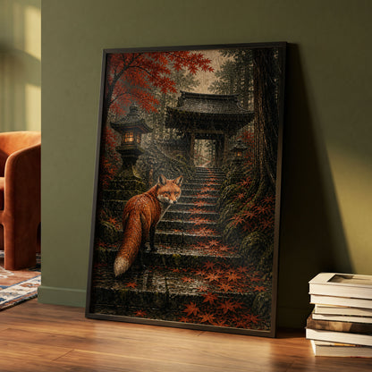 Fox at the Autumn Gate, black, orange, brown nature wall art displayed in a styled interior, gallery view 9
