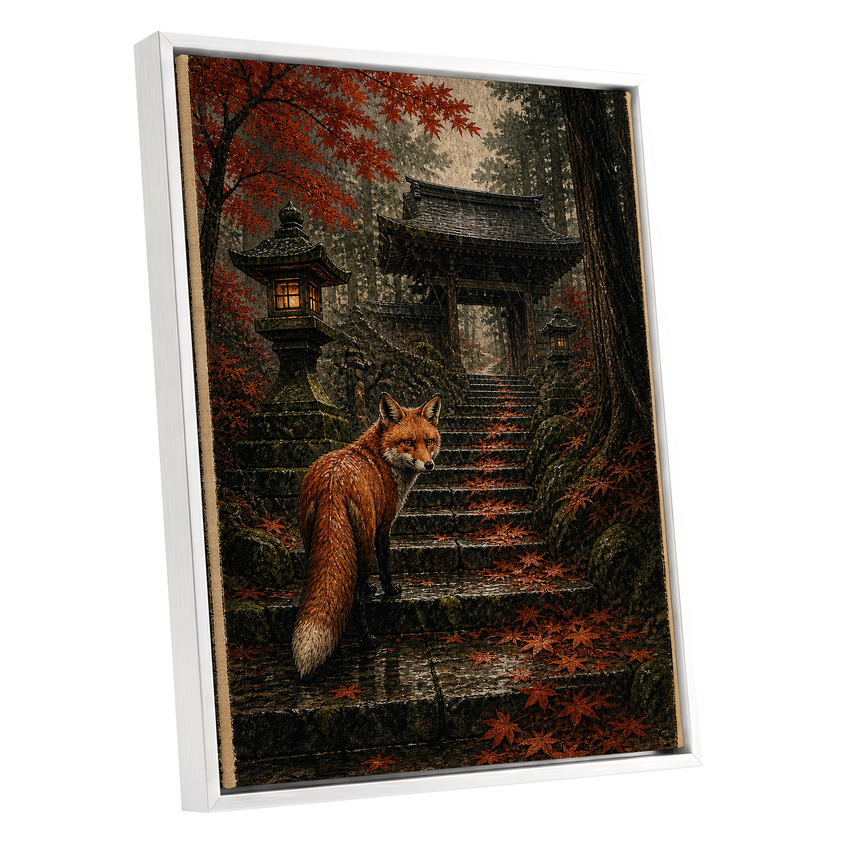 Fox at the Autumn Gate, black, orange, brown nature wall art shown as a white framed canvas wall art