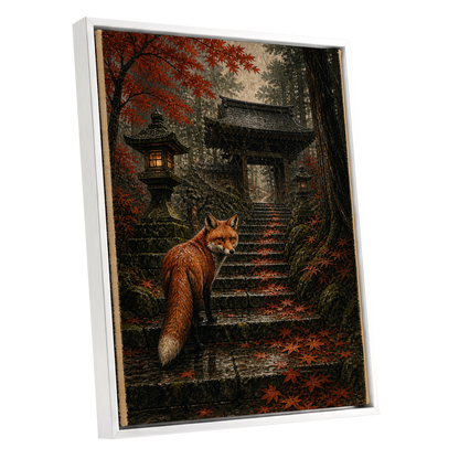 Fox at the Autumn Gate, black, orange, brown nature wall art shown as a white framed canvas wall art