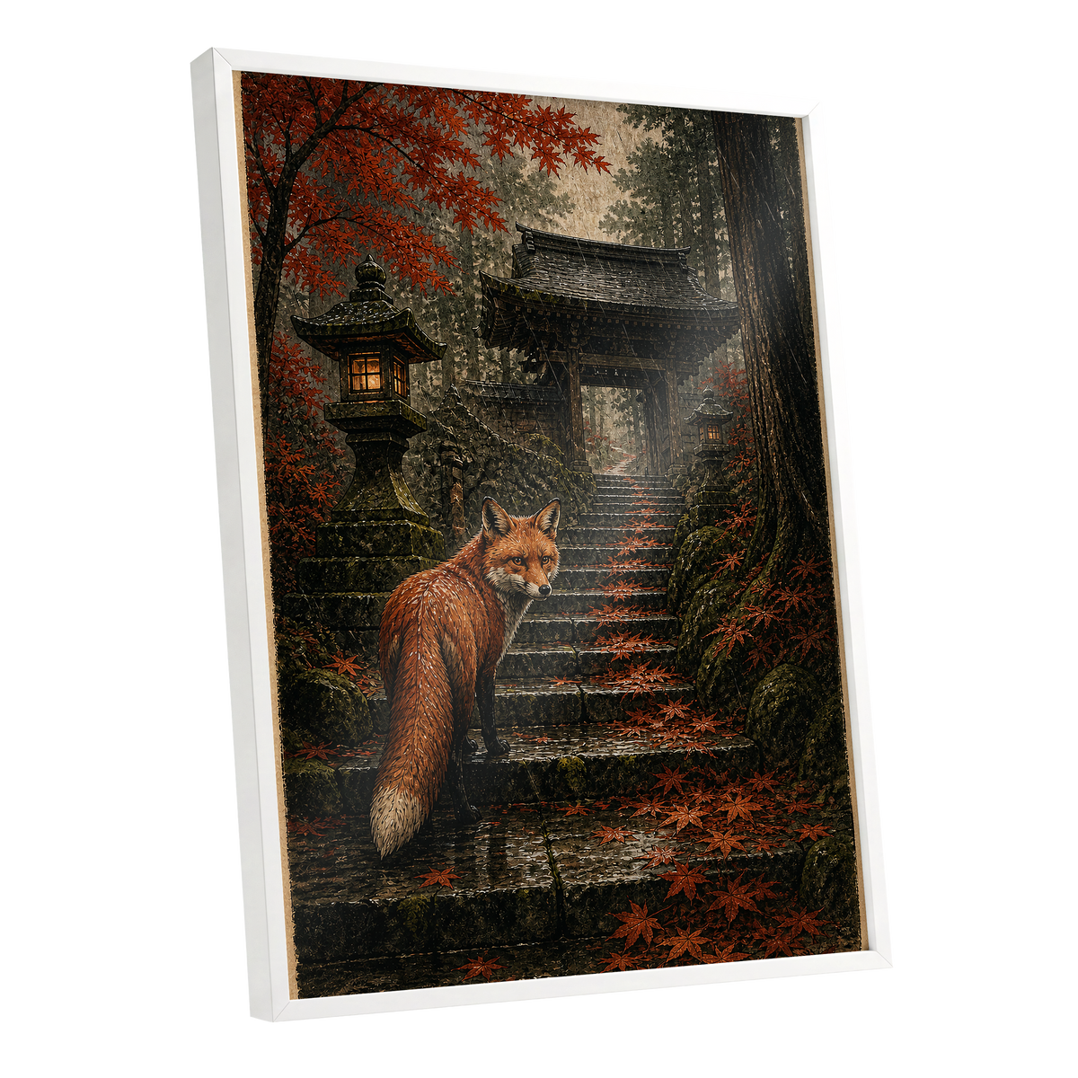 Fox at the Autumn Gate, black, orange, brown nature wall art shown as a white framed poster wall art print