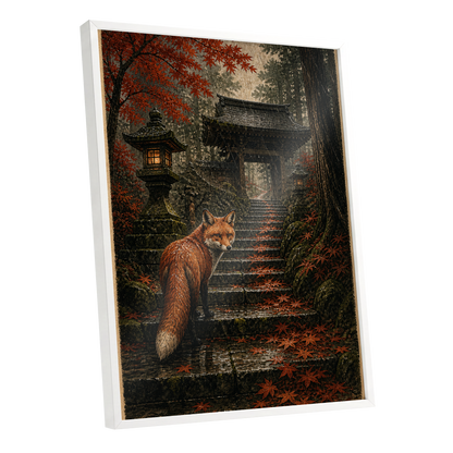 Fox at the Autumn Gate, black, orange, brown nature wall art shown as a white framed poster wall art print
