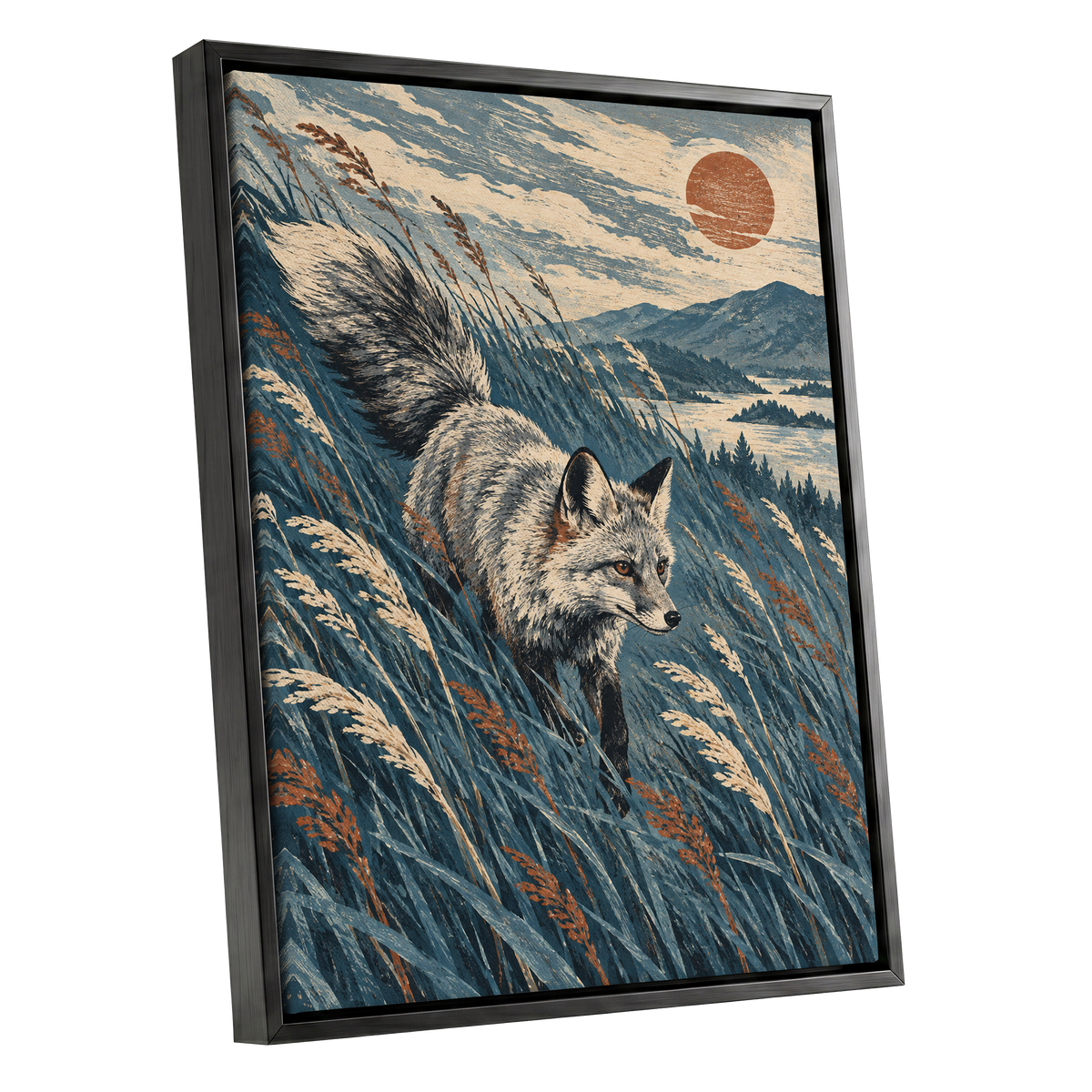 Fox Beneath an Amber Sun, blue, beige, gray nature wall art shown as a black framed canvas wall art
