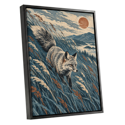Fox Beneath an Amber Sun, blue, beige, gray nature wall art shown as a black framed canvas wall art