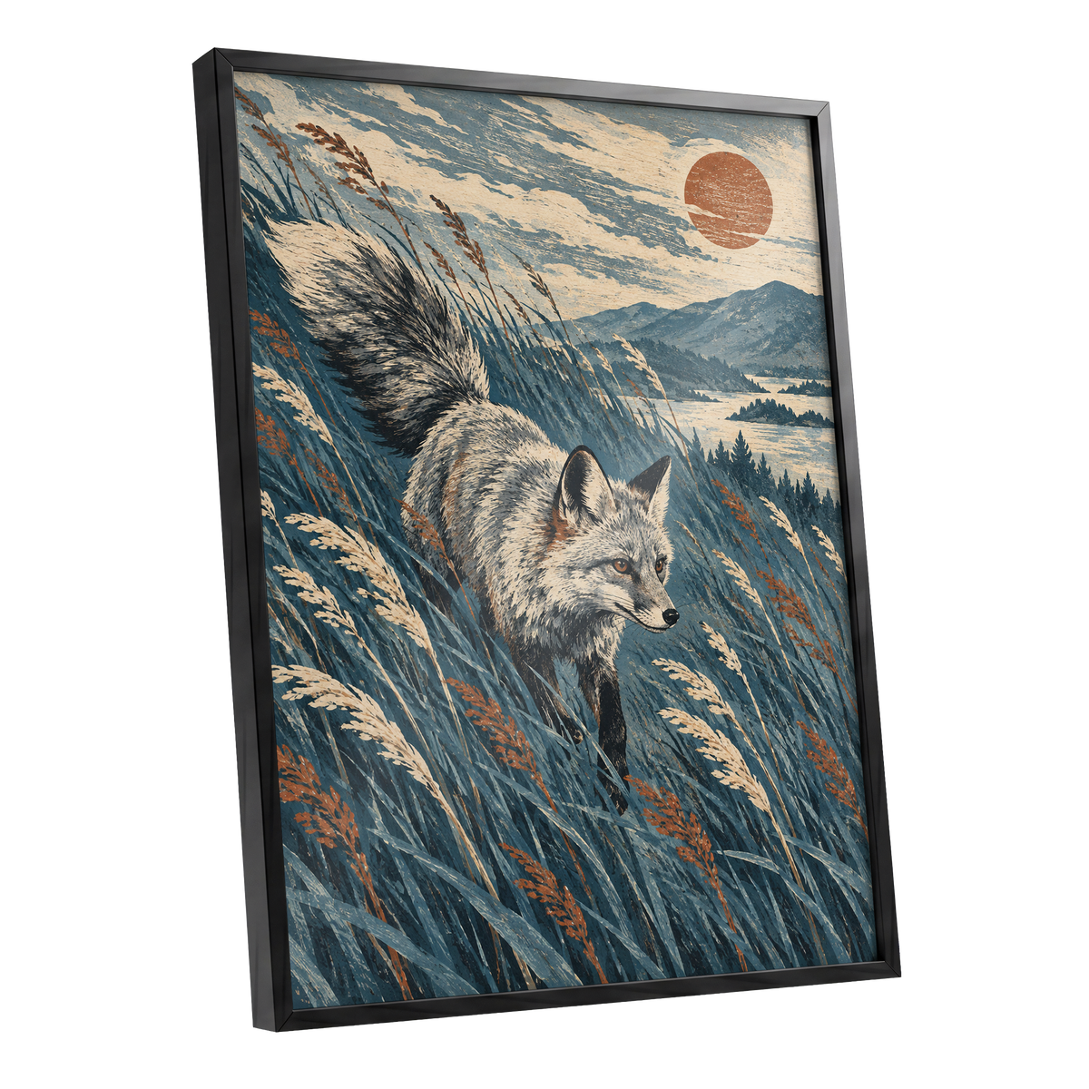 Fox Beneath an Amber Sun, blue, beige, gray nature wall art shown as a black framed poster wall art print