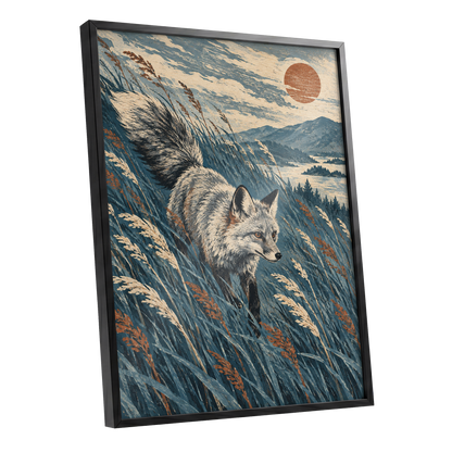 Fox Beneath an Amber Sun, blue, beige, gray nature wall art shown as a black framed poster wall art print